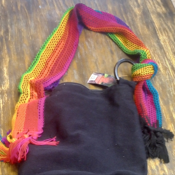 Bareke crochet rainbow scarf strap black tote bag - Picture 2 of 6